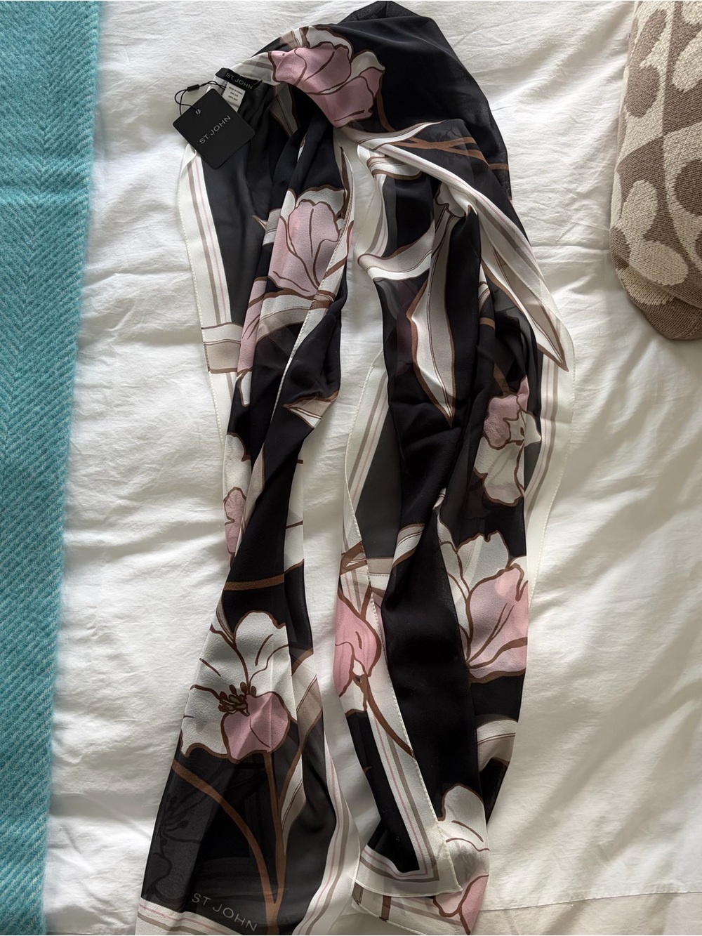 St. John Black and Blush Floral Silk Scarf